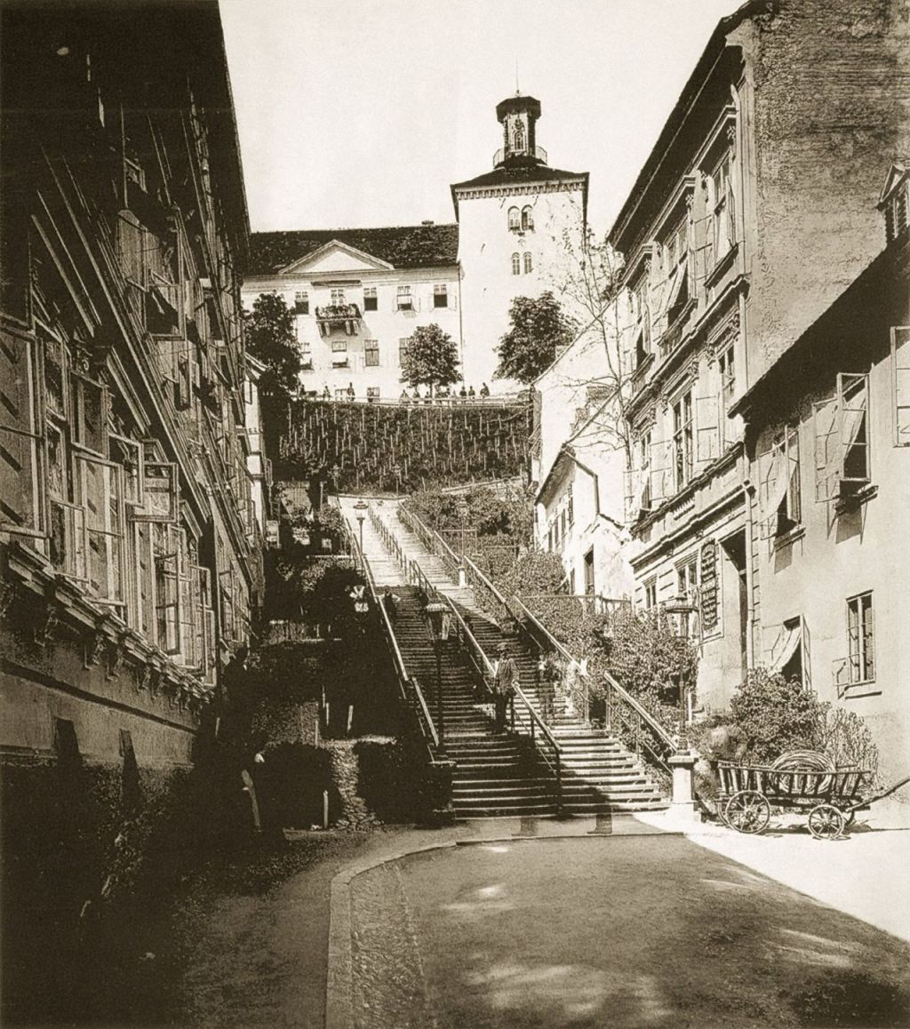 Bregovita ulica (današnja Tomićeva) 1888. godine. Vinograd prije gradnje uspinjače 1893. godine